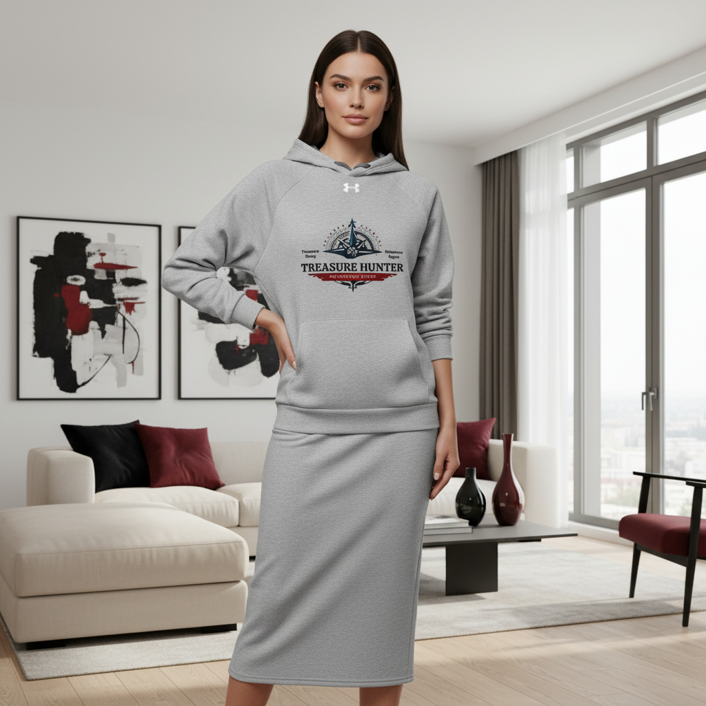 Self-assured woman in grey treasure hunter hoodie over long grey skirt in modern living room