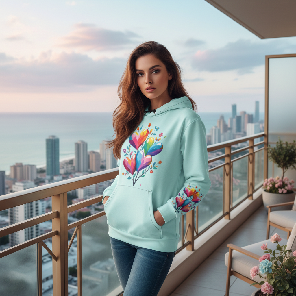 Self-confident woman in turquoise hearts hoodie on modern city balcony