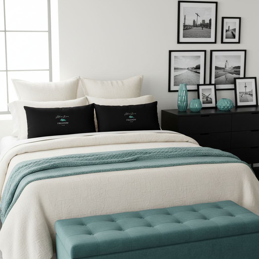 Serene bedroom with cream bedding, teal bench and Adventure Freedom Travel pillows
