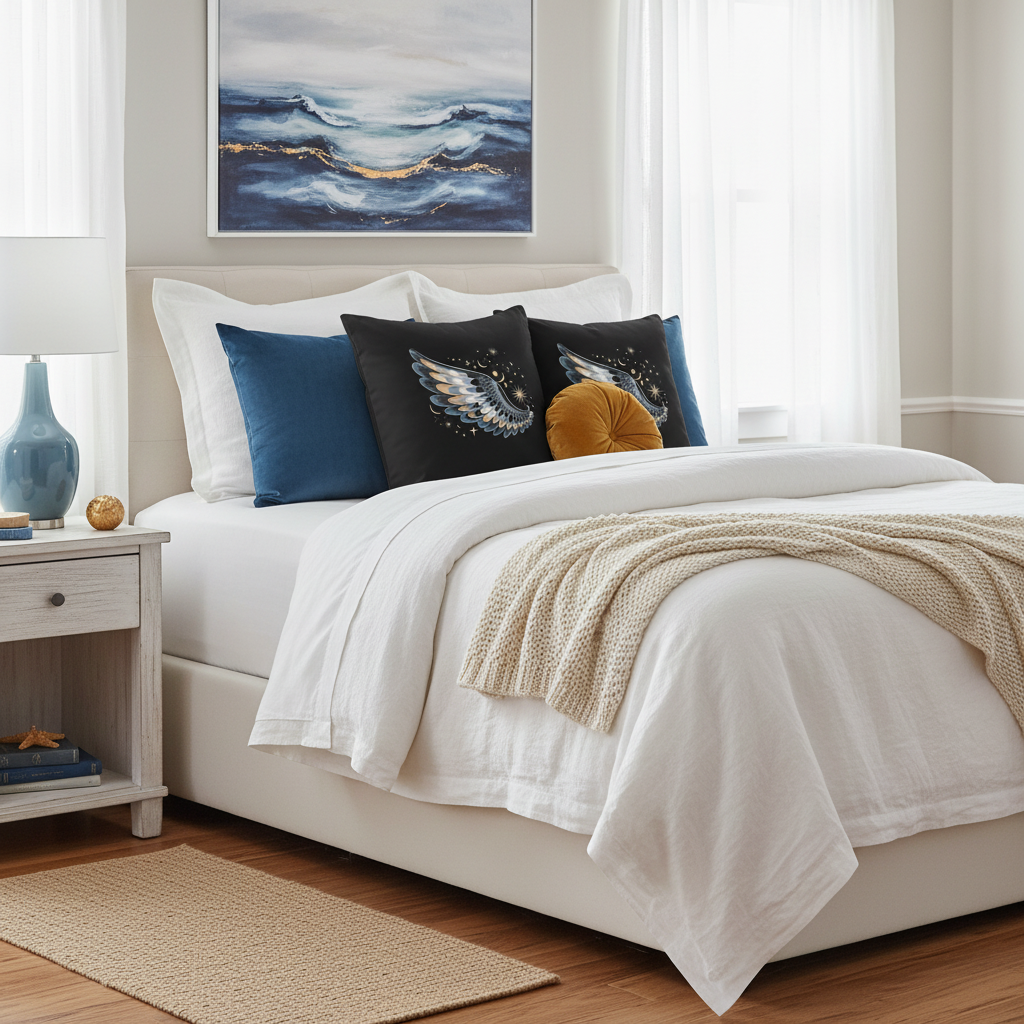 Serene coastal bedroom with celestial wing pillows and coordinating decor