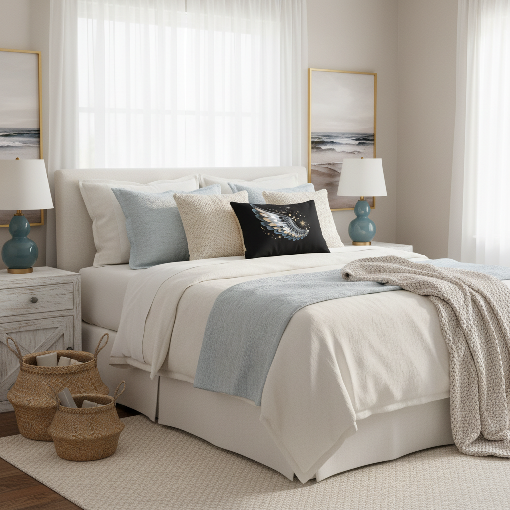 Serene coastal bedroom with lumbar wing pillow square