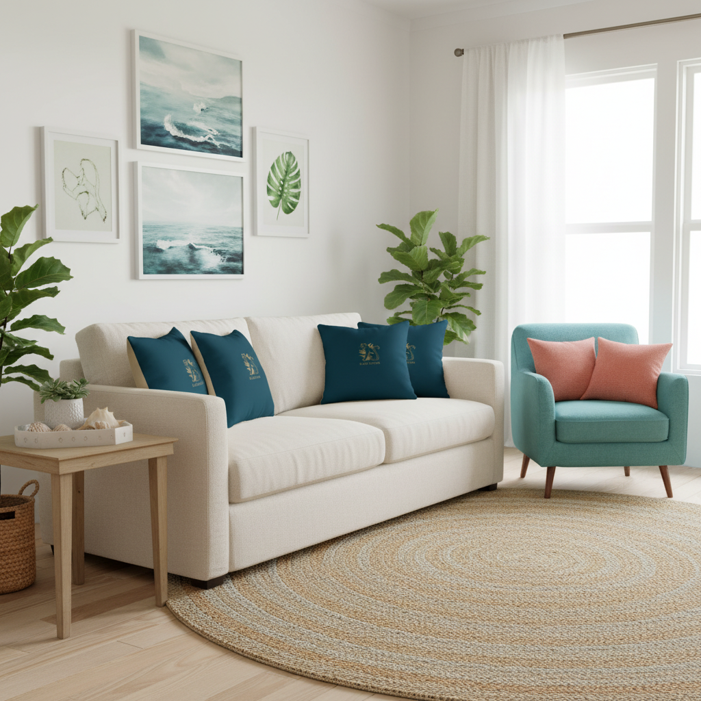 Serene coastal living room with teal and gold panther pillows on cream sofa, turquoise chair, coral cushions, gallery wall, plants, comfortable beach house feel
