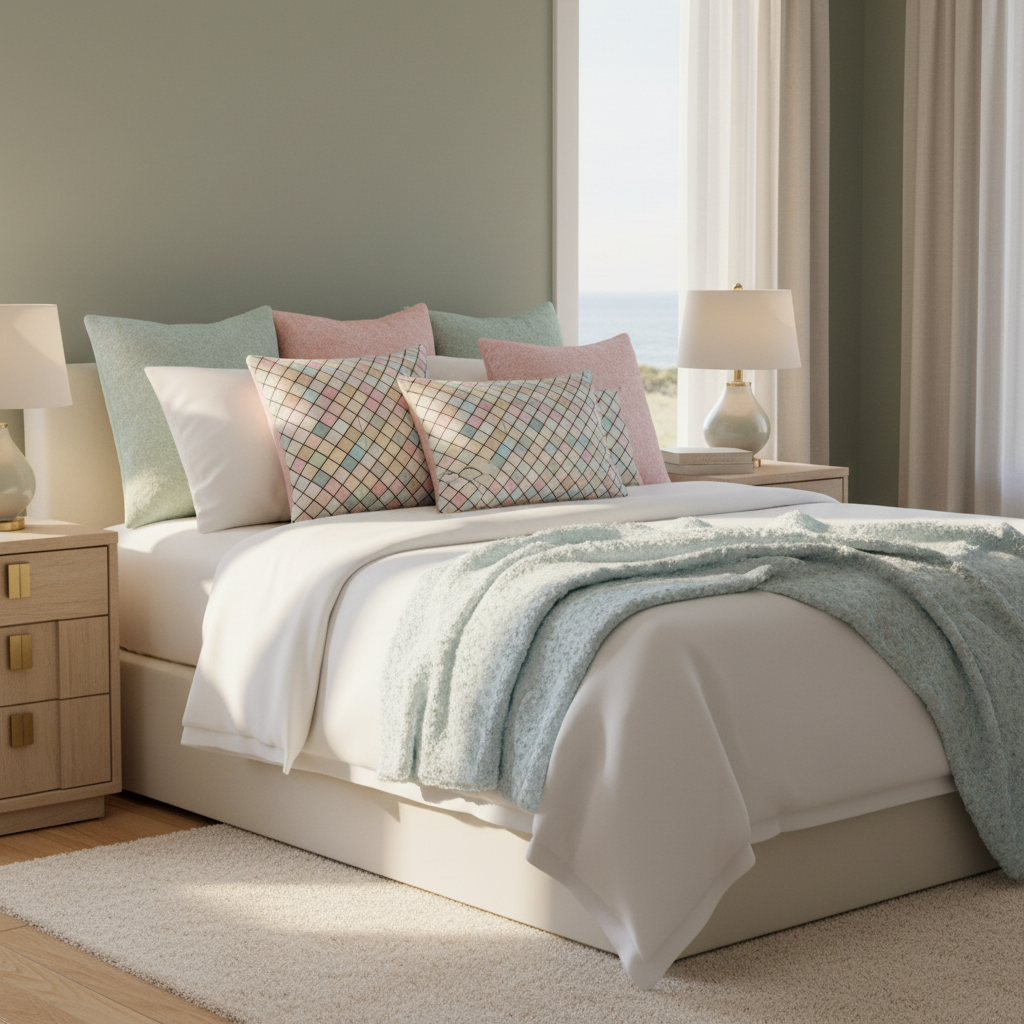 Serene cozy bedroom with colorful squares pattern decorative pillows on bed