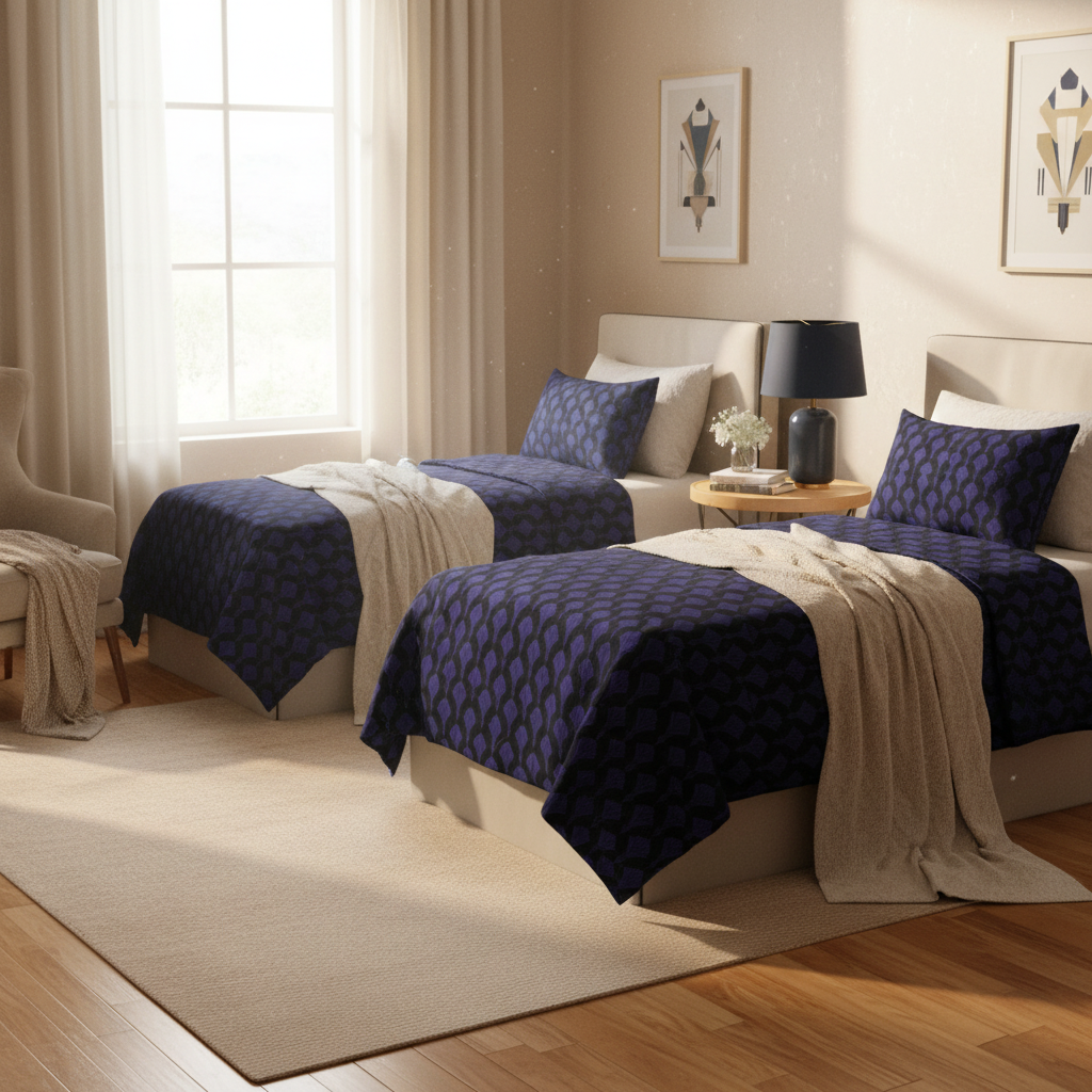 Serene cozy warm sunny twin bedroom with Art Deco bedding, beige textured walls and navy blue