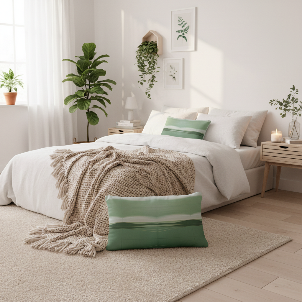 Serene hygge bedroom with green gradient lumbar pillow