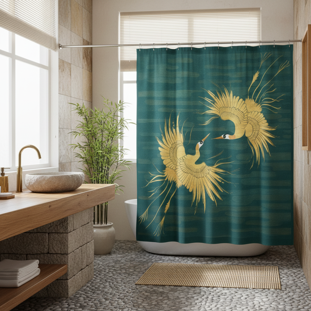 Serene natural bathroom with teal and gold crane shower curtain bamboo elements and zen spa atmosphere
