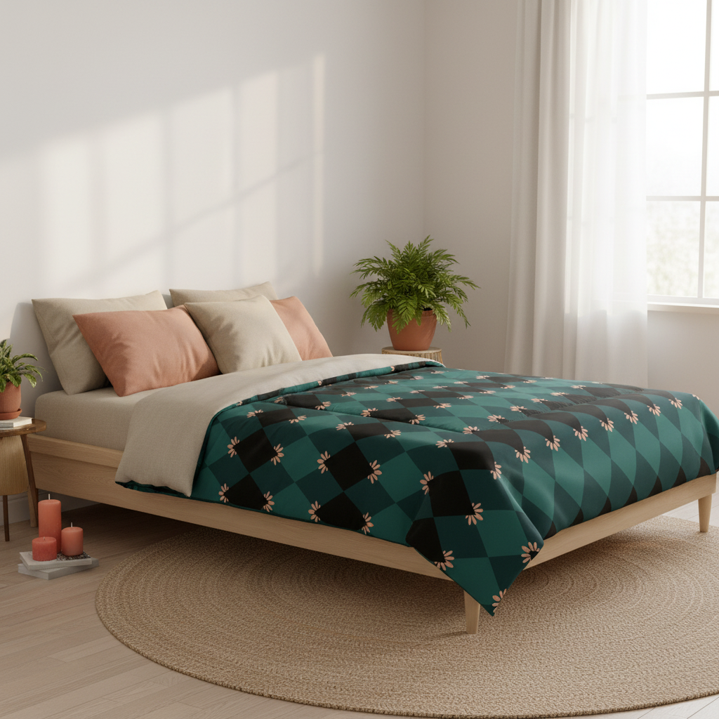 Serene sunny bedroom with emerald green mosaic duvet cover, light wood bed frame, beige linen bedding, white walls and curtains, natural wood furniture, beige and salmon pink throw pillows, coral pink candles, green plants, jute rug, warm natural sunlight