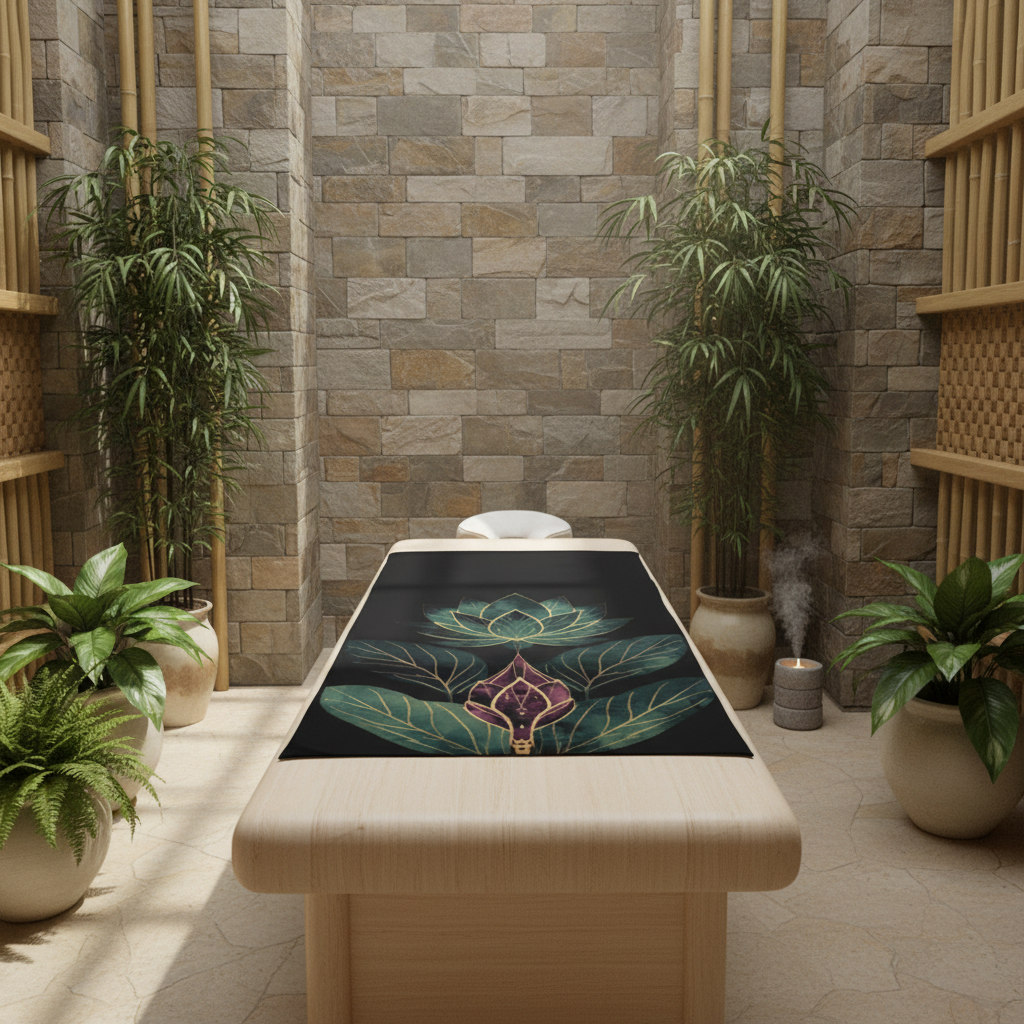 Serene wellness spa with lotus towel on wooden bench in minimalist zen design