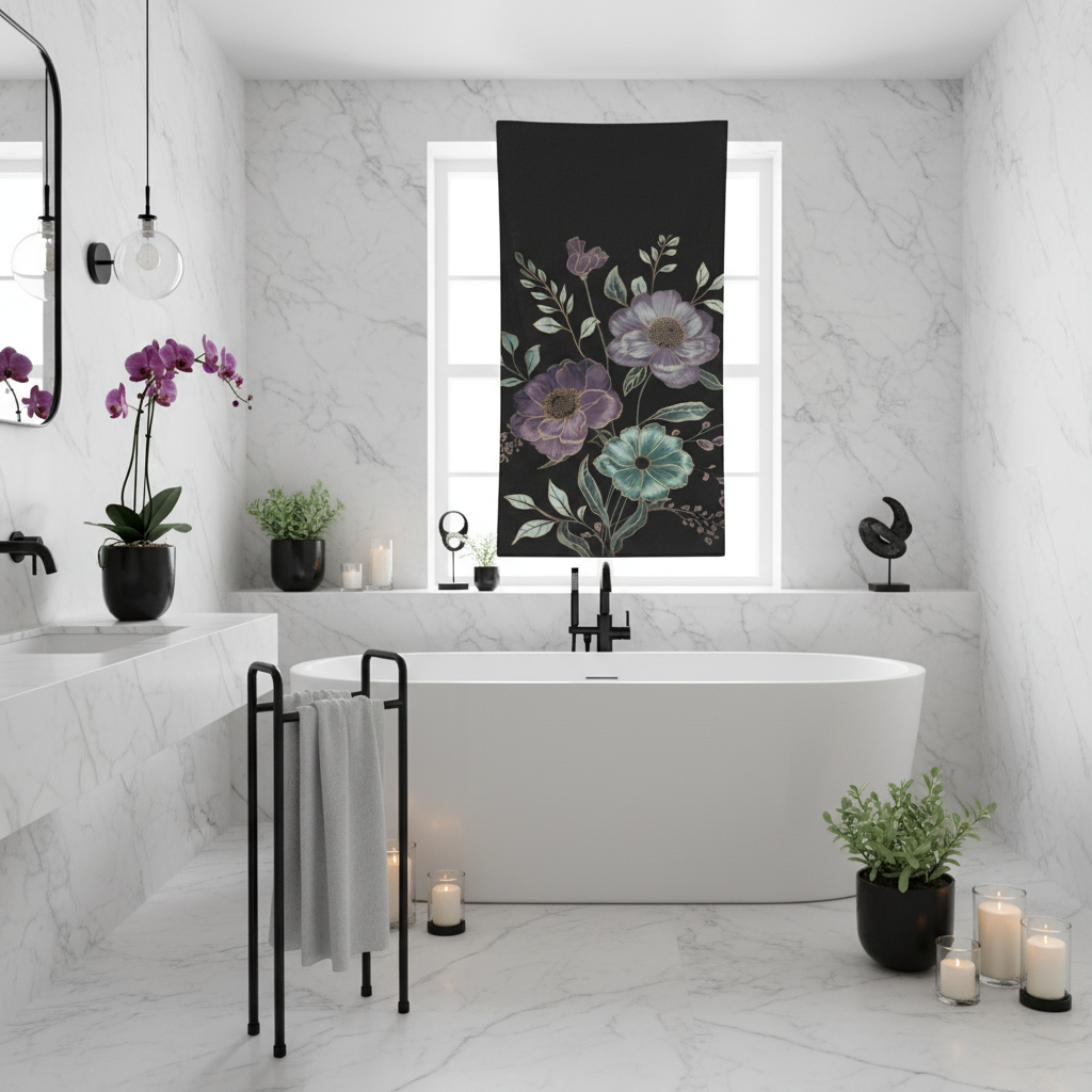 Serene white bathroom with black floral towel displayed beautifully, white freestanding bathtub, purple orchids and sage plants