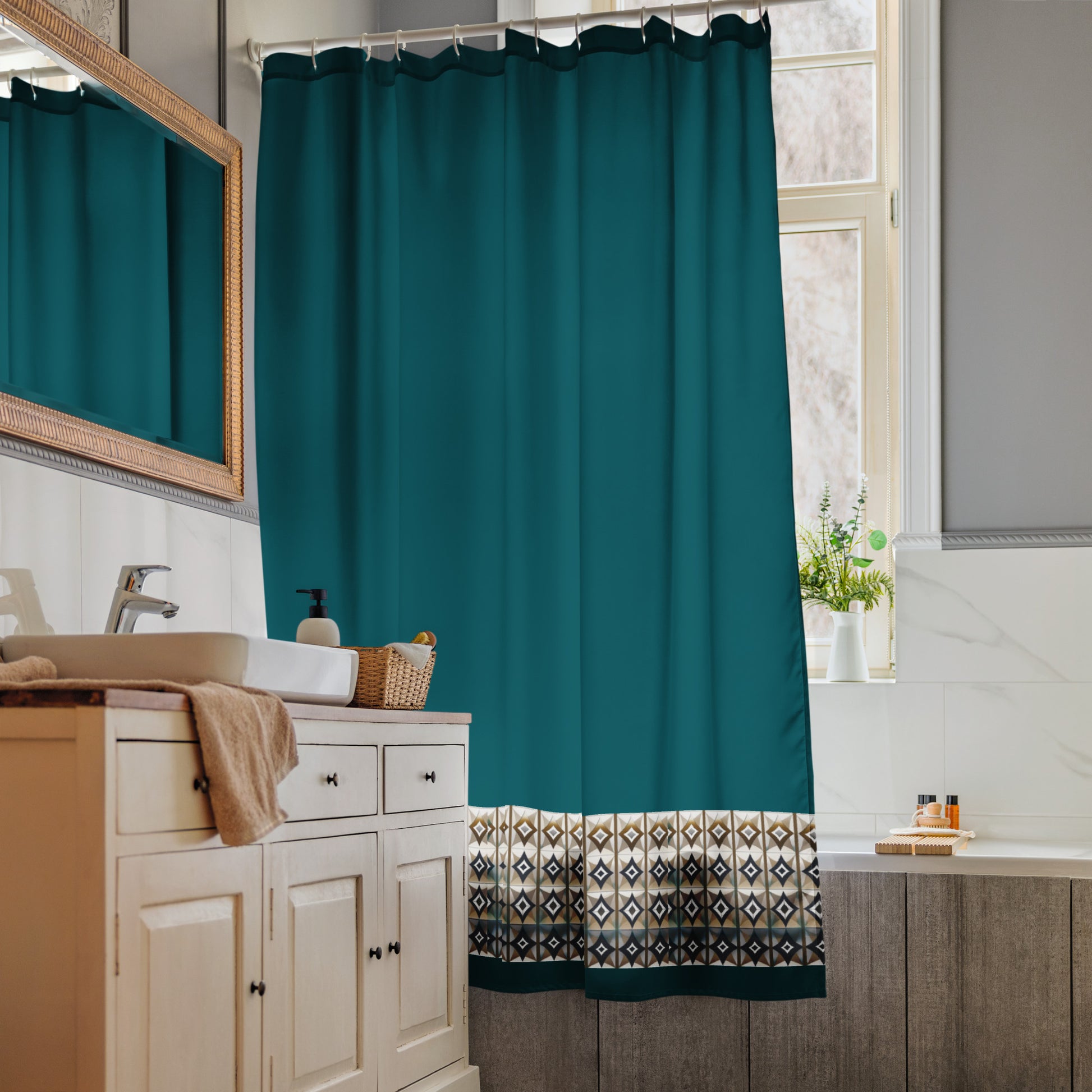  Dark Green Geometric Shower Curtain