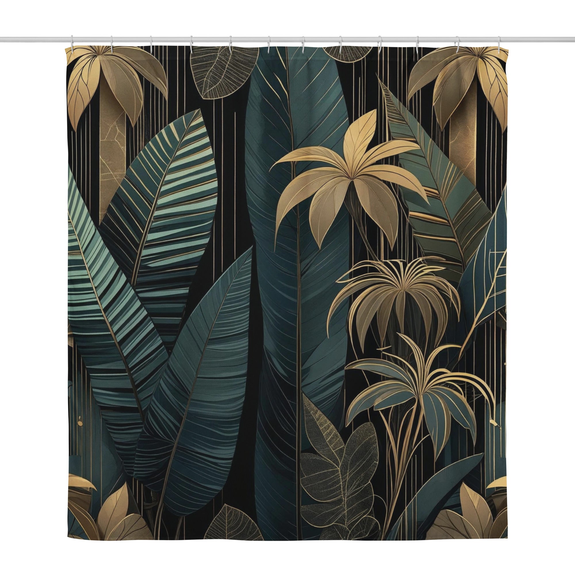 Night Jungle dark green and gold shower curtain. Luxury art deco modern floral style 
