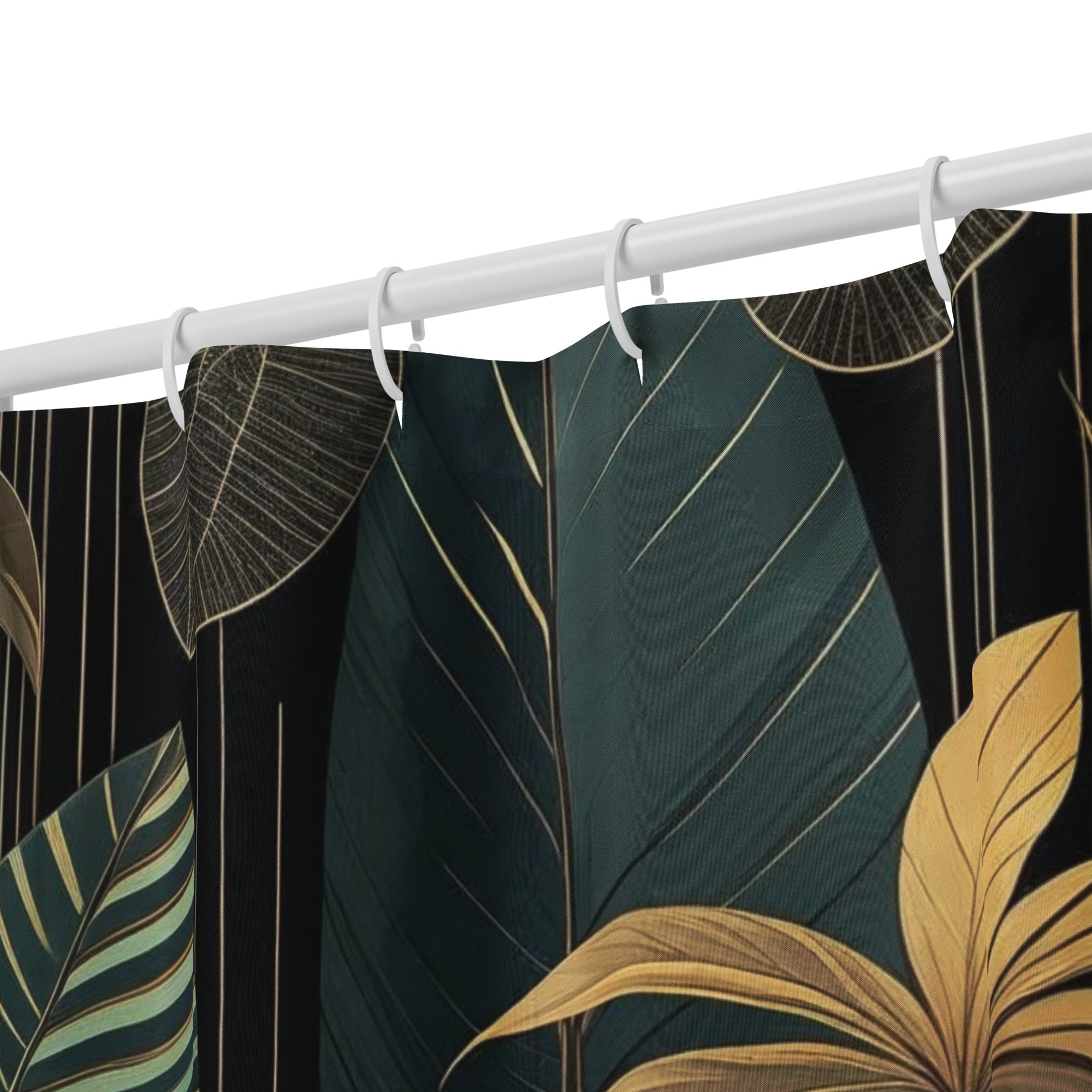 Night Jungle dark green and gold shower curtain. Luxury art deco modern floral style 