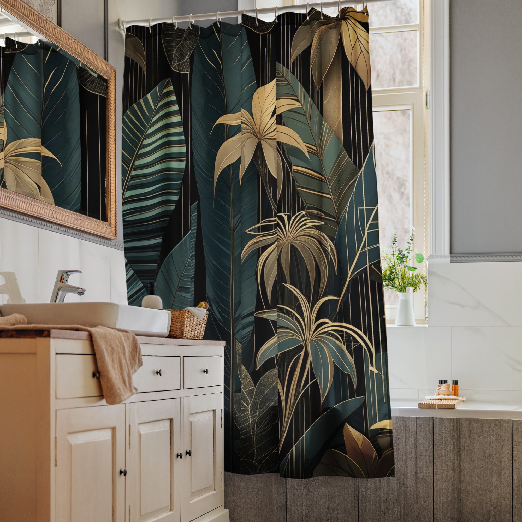 Night Jungle dark green and gold shower curtain. Luxury art deco modern floral style 