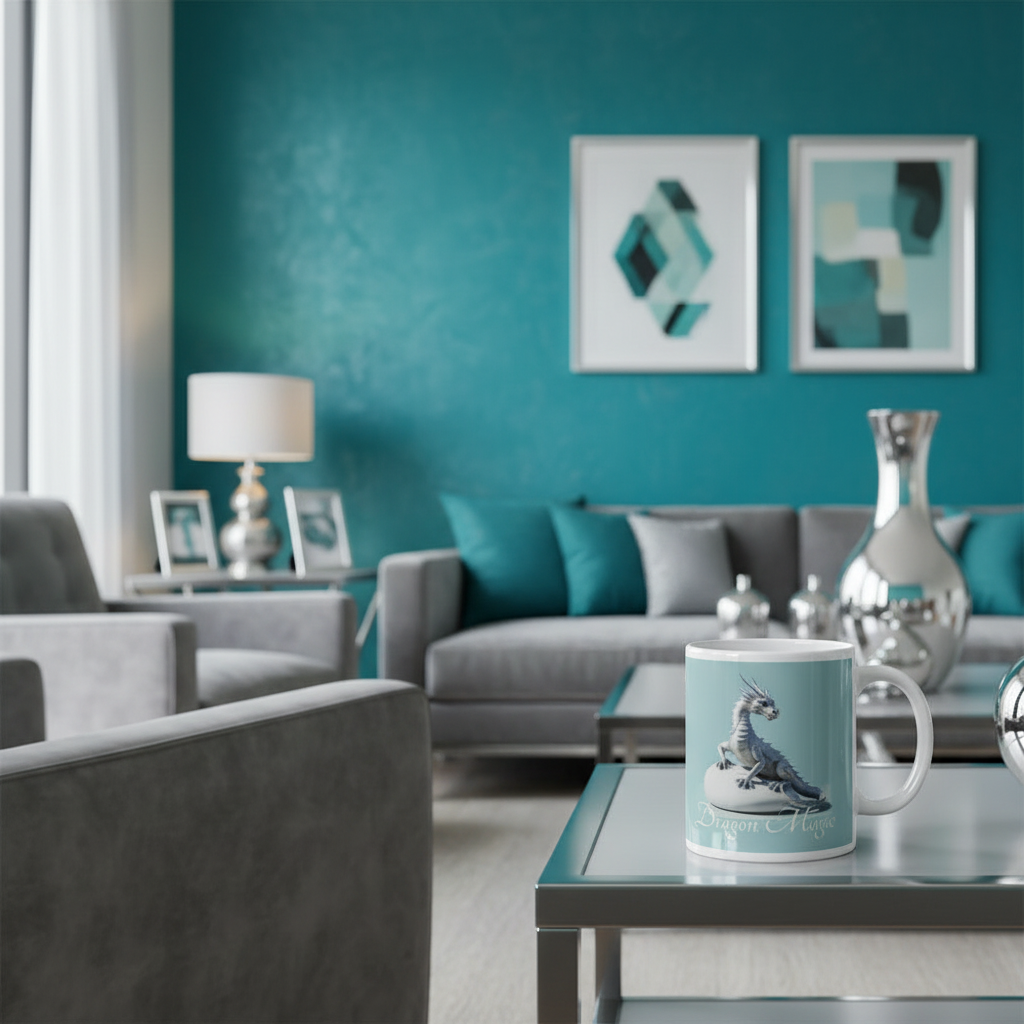 Silver dragon mug on side table in elegant turquoise living room