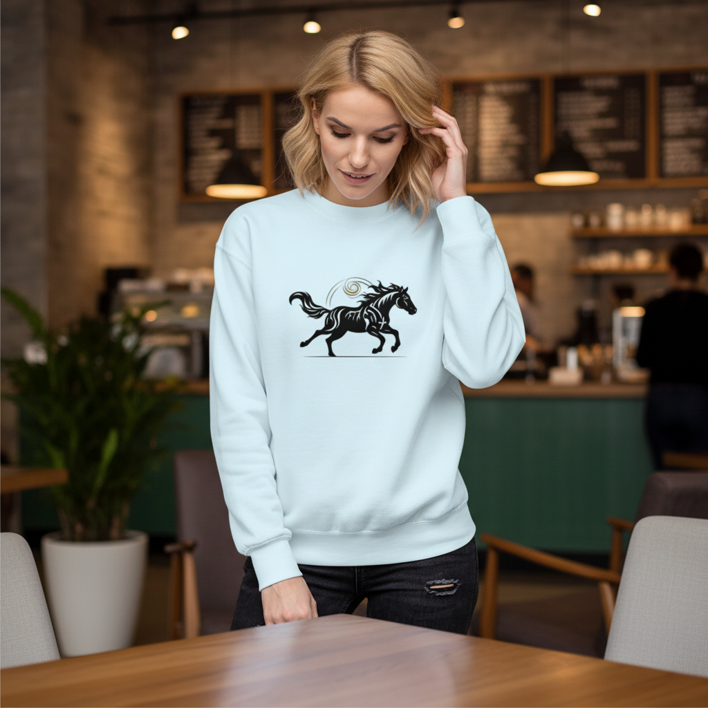 Sky blue premium sweatshirt featuring unique horse design - Luxury casual wear for nature lovers and free spirits