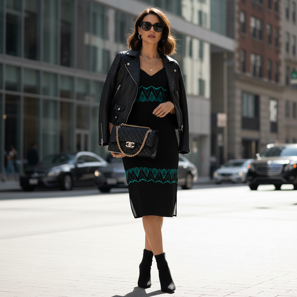 Slip dress styled with leather jacket and handbag