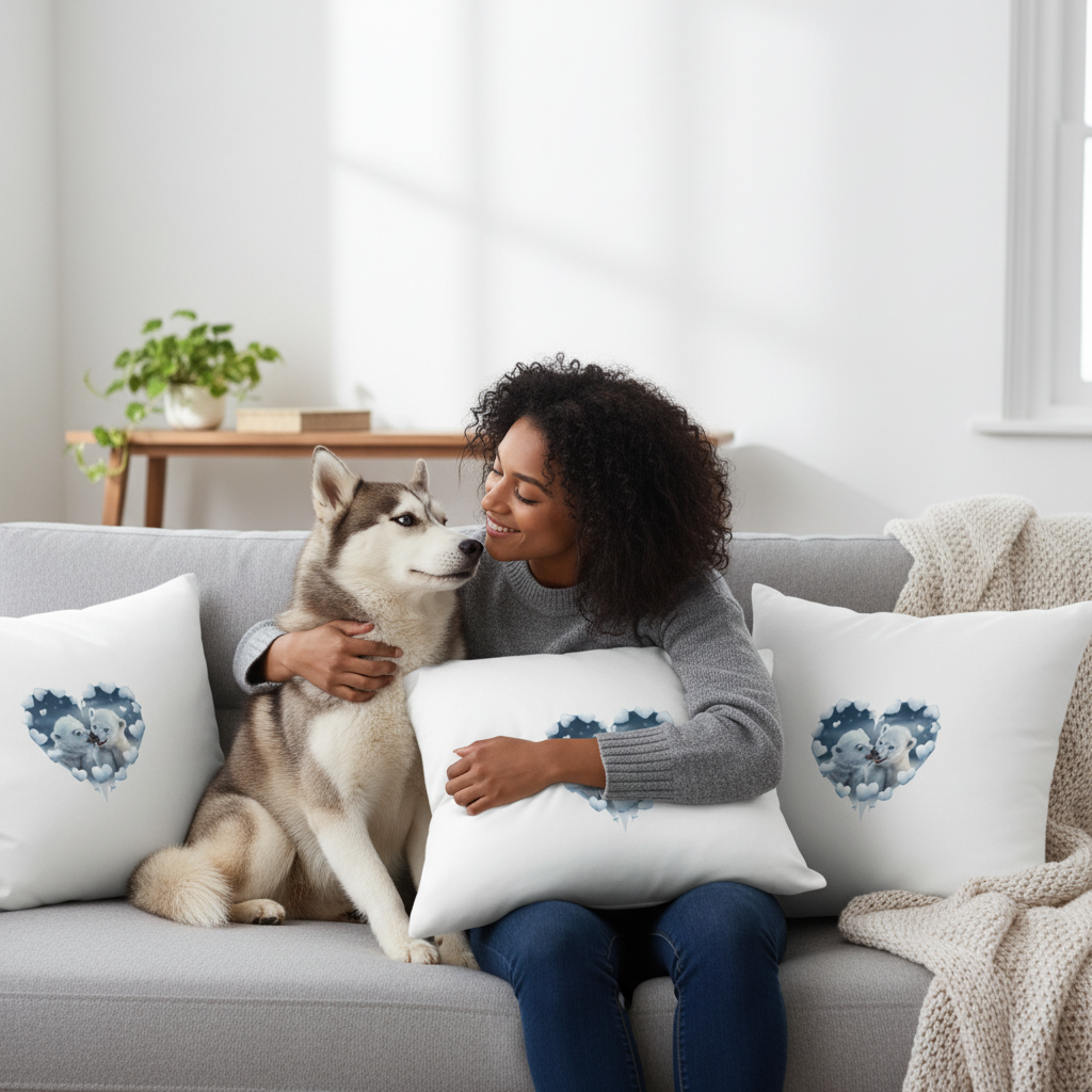 Smiling woman with arm around Siberian Husky on light grey sofa with polar bear heart pillows in relaxed everyday home atmosphere