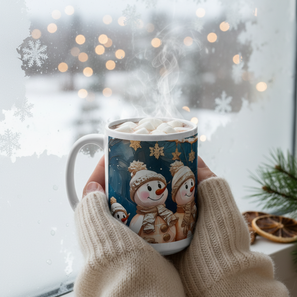 Snowman Christmas Mug - Hands Holding by Window