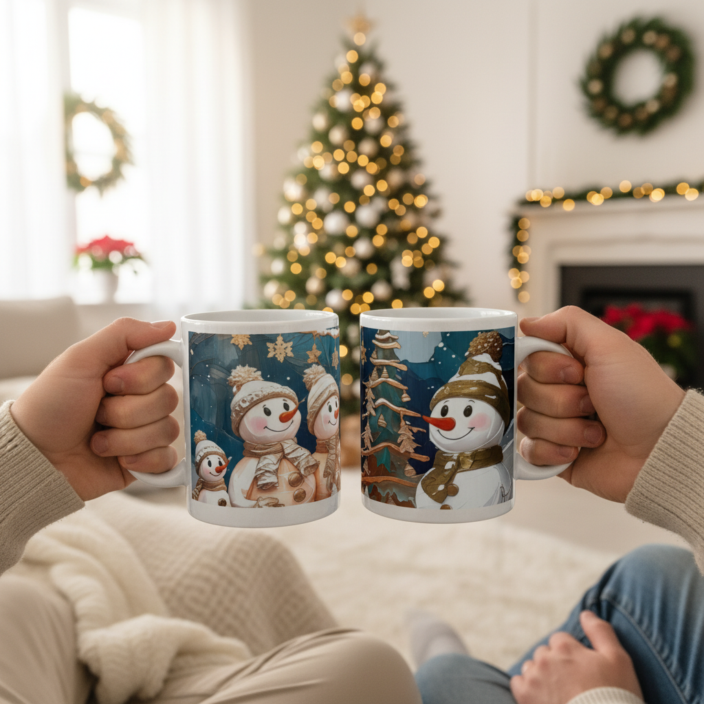 Snowman Christmas Mugs - Product Focus with Festive Background