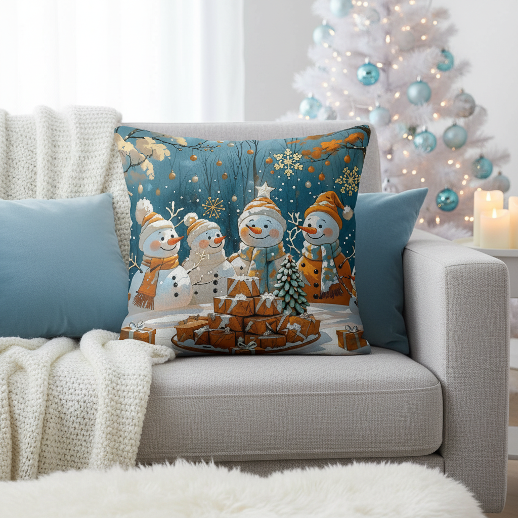 Snowman Pillow - Cozy Living Room Close-Up