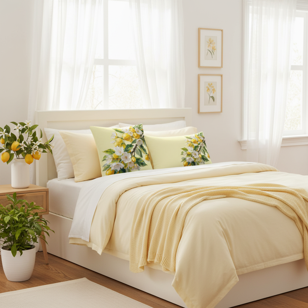 Soft yellow bedroom with lemon blossom pillow and fresh citrus flowers in vase