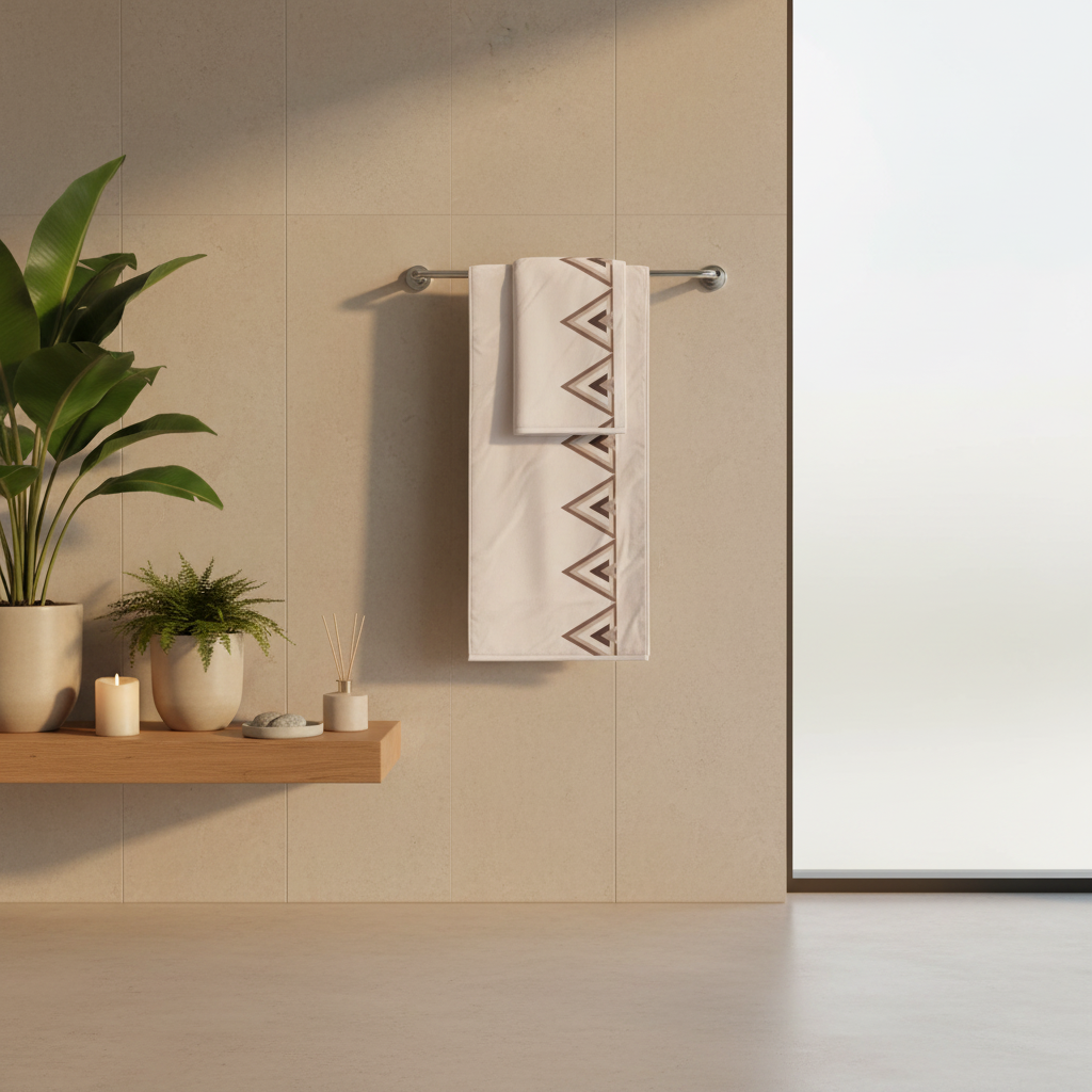 Sophisticated beige bathroom with geometric triangle towel