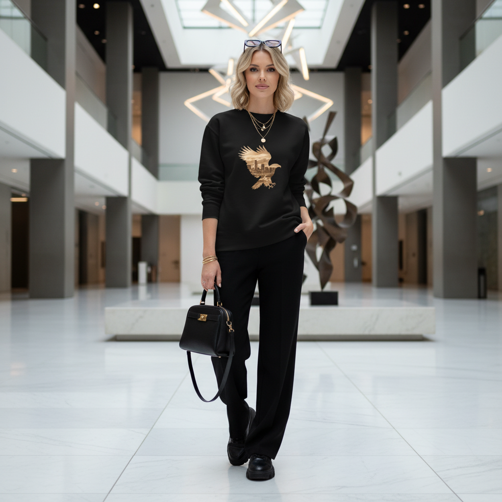 Stylish woman in black eagle cityscape sweatshirt at modern art museum - elevated casual American luxury fashion
