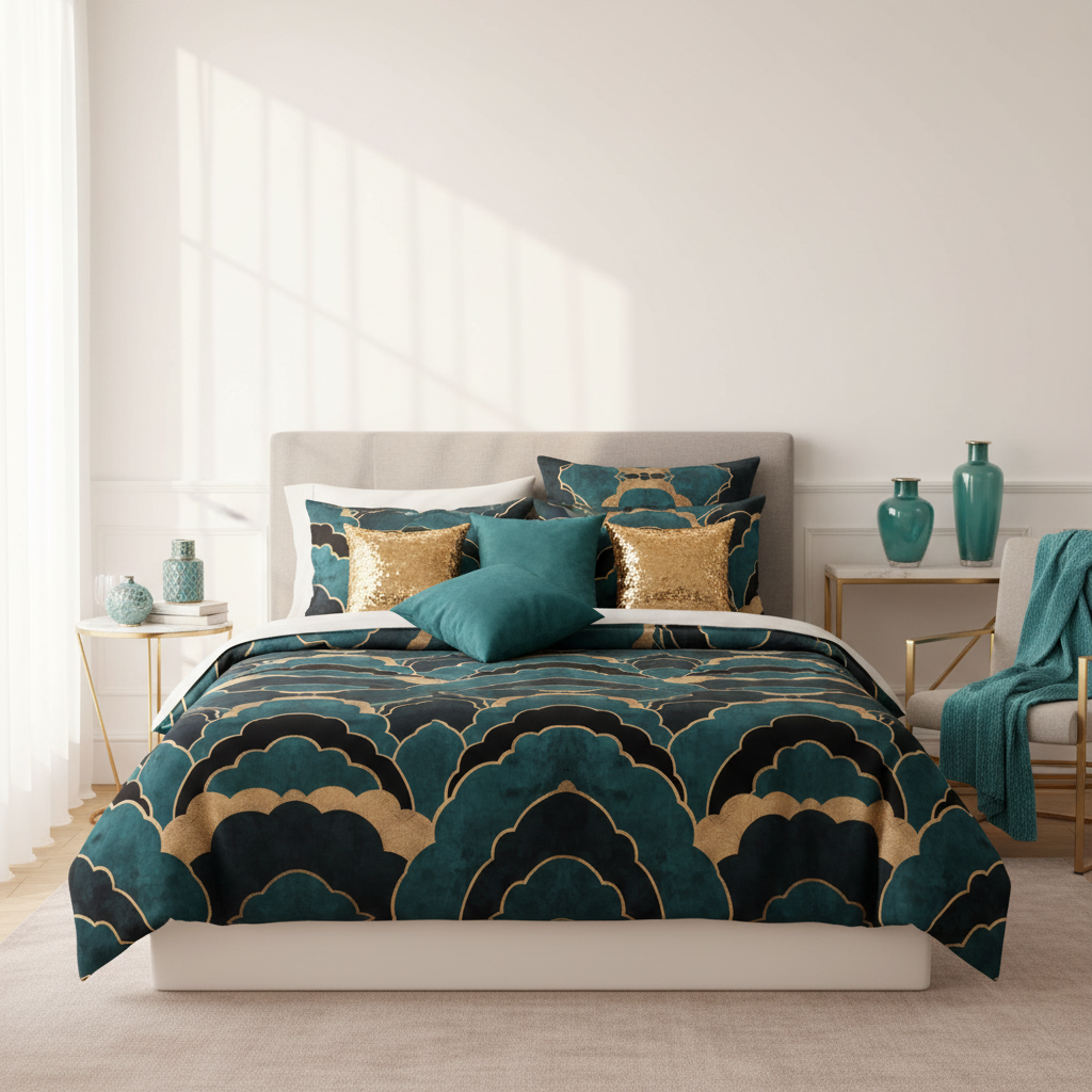 Sophisticated bright bedroom with Art Deco bedding, teal and gold decorative accents