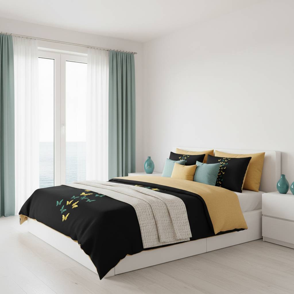 Sophisticated coastal bedroom with butterfly print bedding, teal curtains and ceramic vases