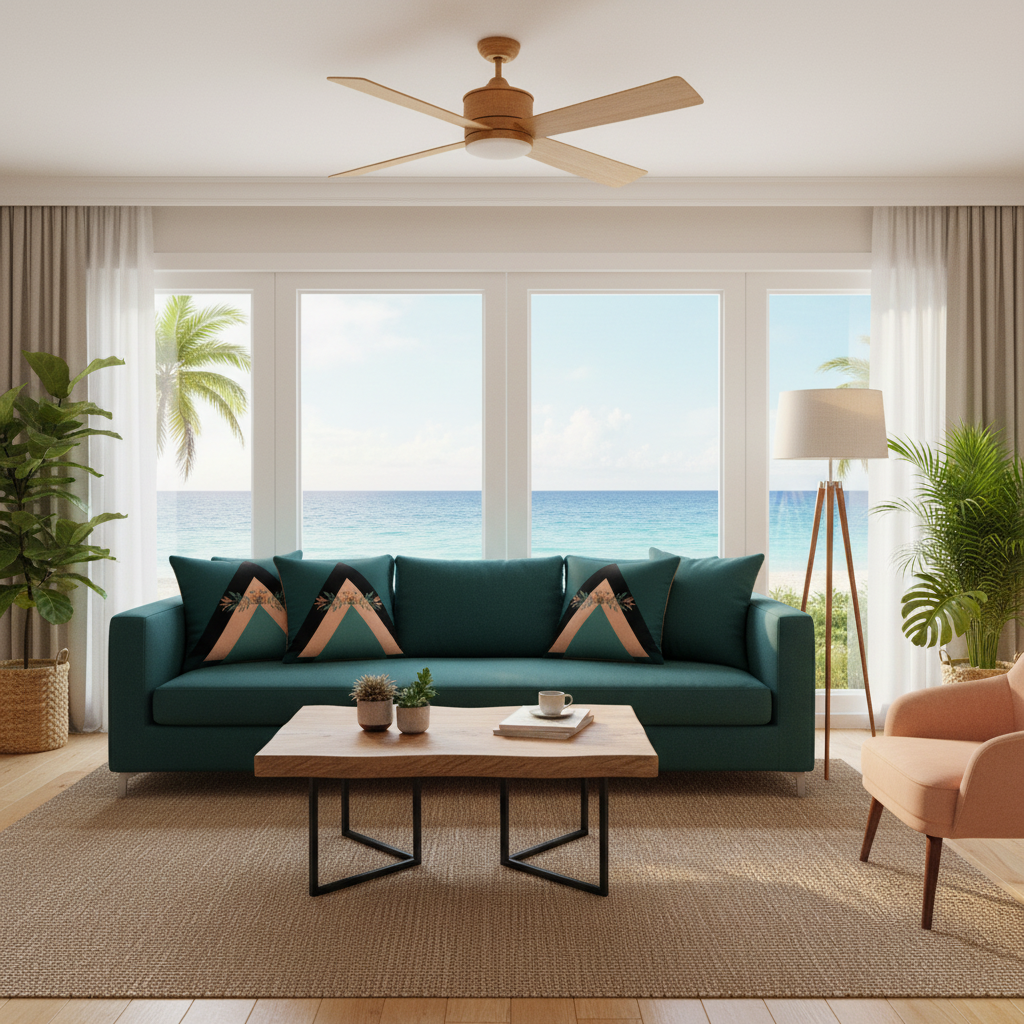 Sophisticated coastal living room with teal and peach decor and geometric pillows