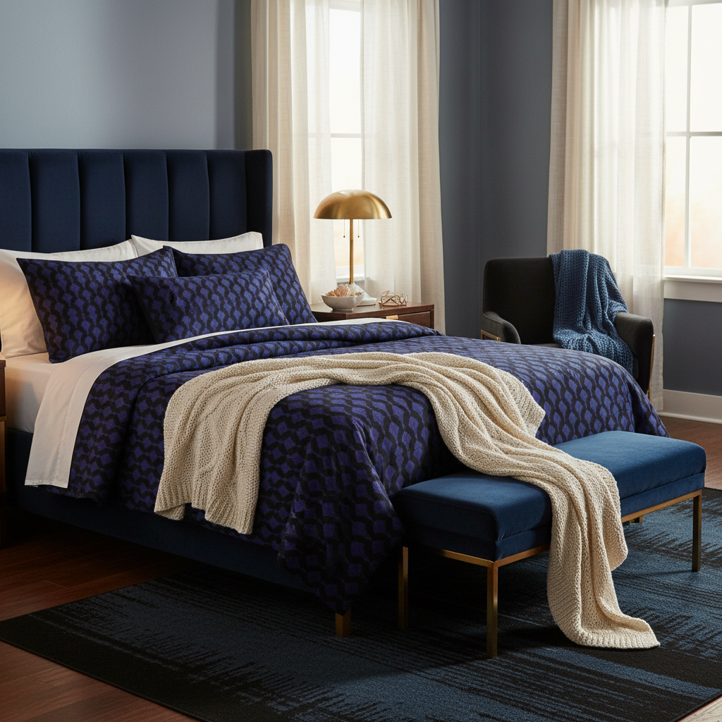 Sophisticated cozy bedroom with Art Deco comforter and pillows in deep blue and black