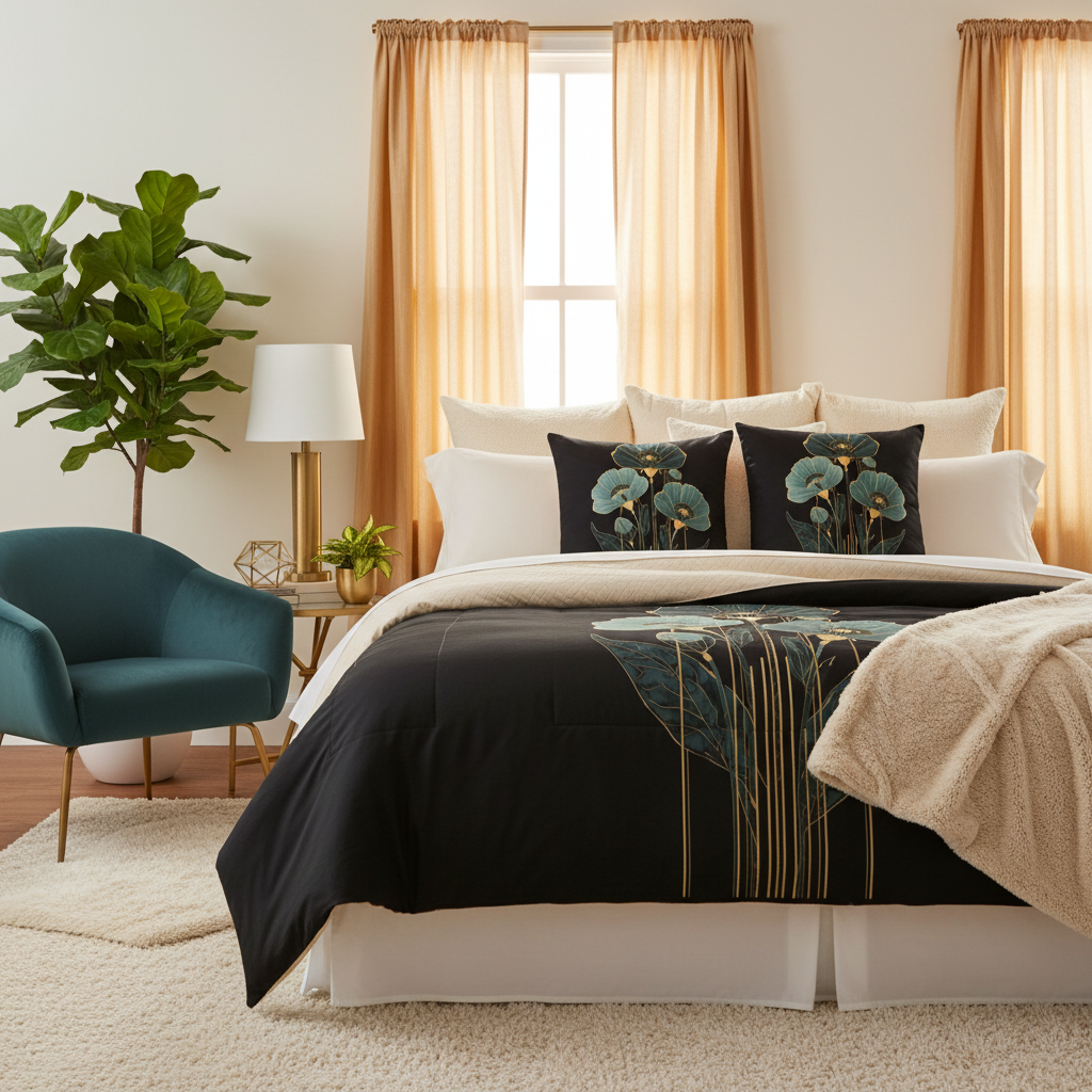 Sophisticated cozy bedroom with black teal gold floral comforter and layered pillows