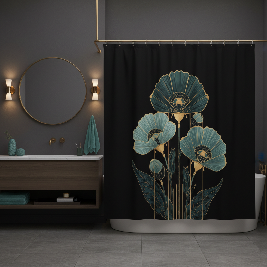 Sophisticated dark bathroom with charcoal walls and teal floral shower curtain with brass mirror