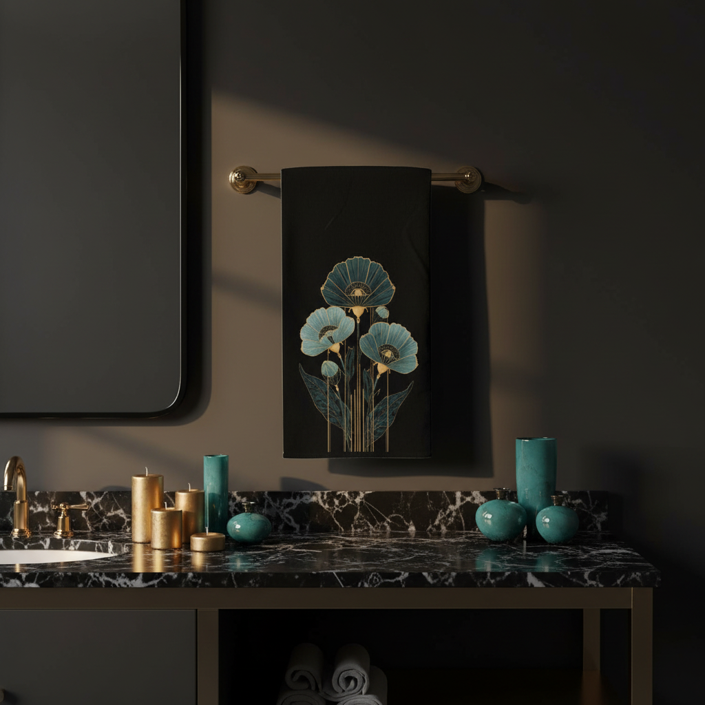 Sophisticated dark charcoal bathroom with teal gold botanical beach towel on brass bar