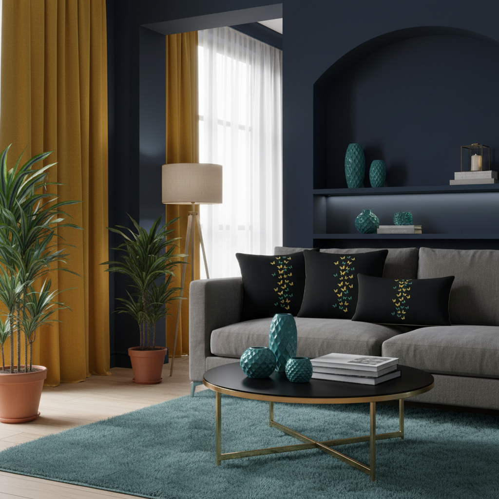 Sophisticated dark coastal living room with navy walls, butterfly print pillows and yellow curtains