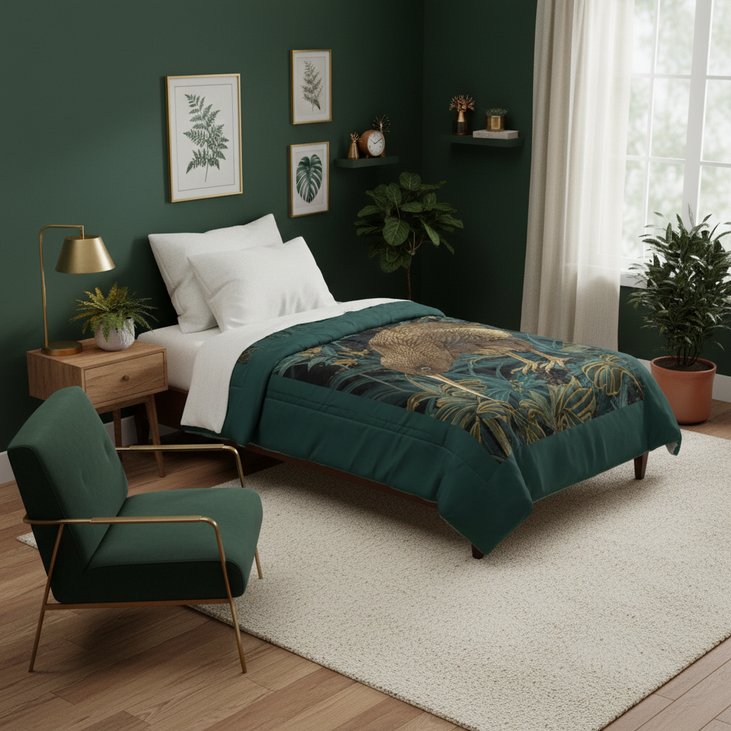 Sophisticated dark green bedroom with kiwi bird comforter, matching green walls, and gold accents