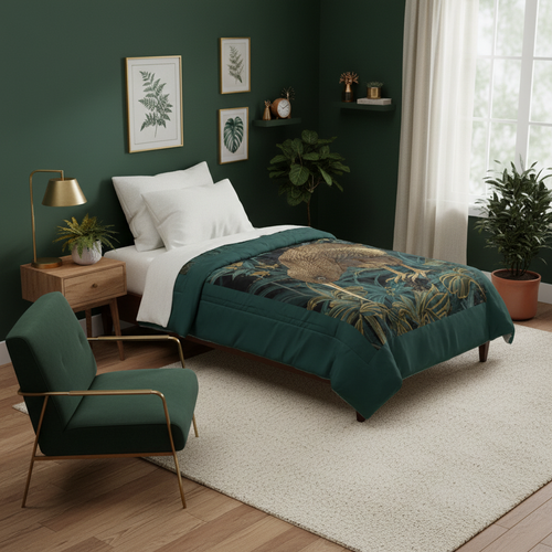 Sophisticated dark green bedroom with kiwi bird comforter, matching green walls, and gold accents