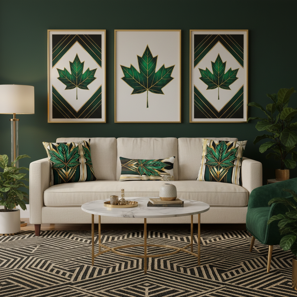 Sophisticated living room with green and gold pillows