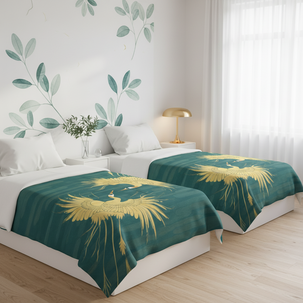 Sophisticated modern bedroom with teal gold crane twin duvet cover and subtle gold accents