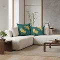 Sophisticated modern living room with Japanese zen aesthetic and teal gold crane pillows