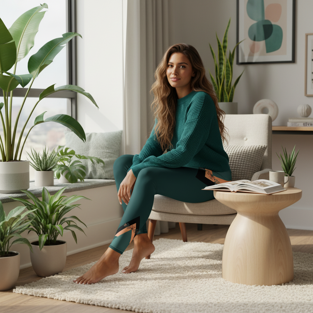 Sophisticated woman in geometric leggings with teal sweater in modern apartment