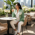 Sophisticated woman in green bomber sitting at chic outdoor restaurant
