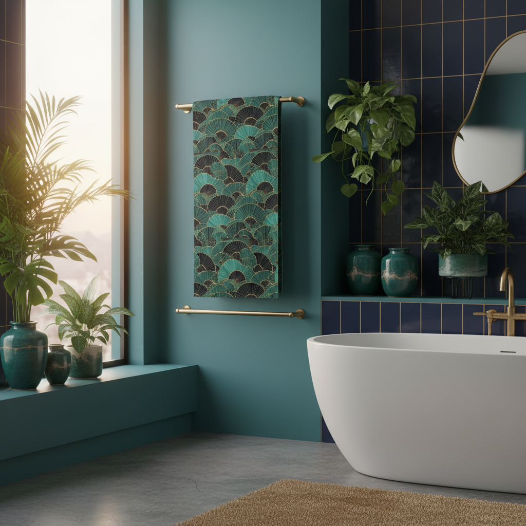 Spa bathroom with emerald towel on rack