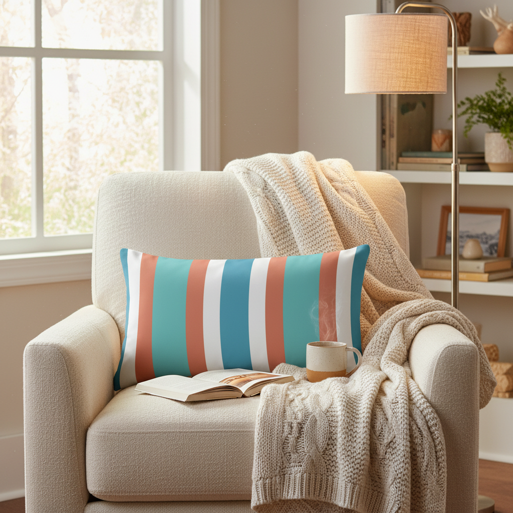 Striped rectangular pillow on cozy reading nook chair