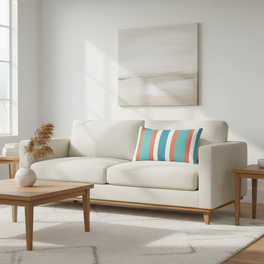 Striped rectangular pillow on modern minimalist sofa