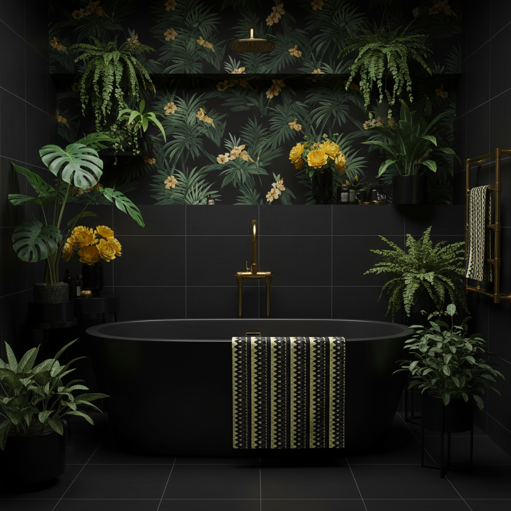 Stunning black botanical bathroom with yellow and black geometric towel