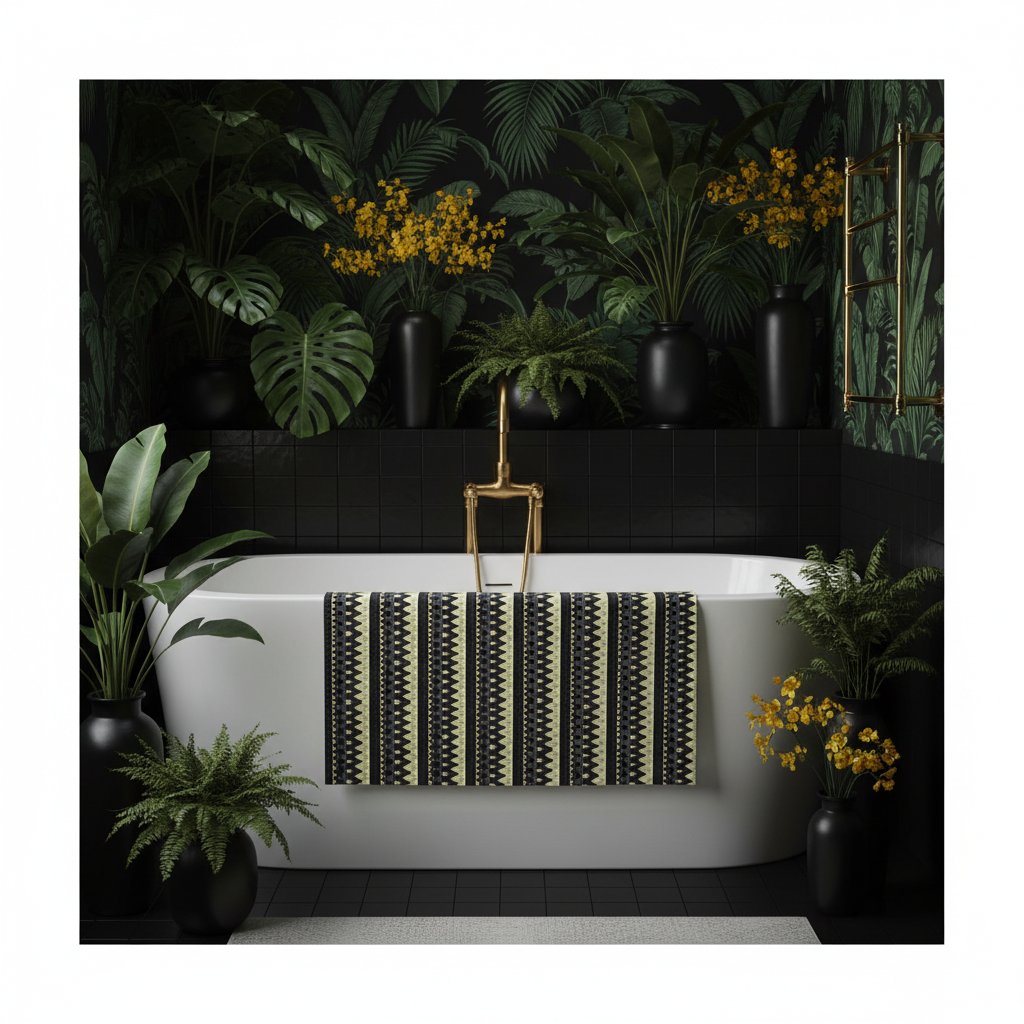 Stunning black botanical bathroom with yellow and black geometric triangle towel