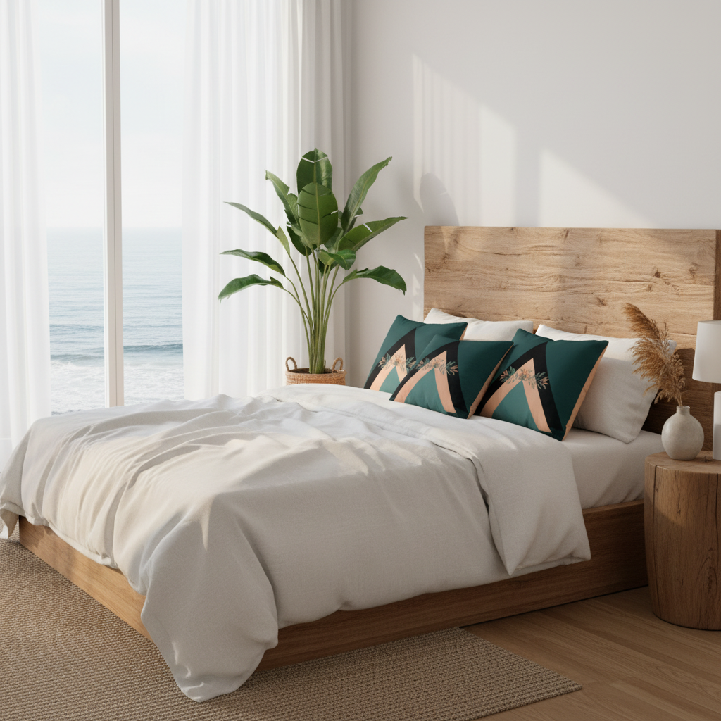 Stunning coastal bedroom with white linen and geometric botanical pillows