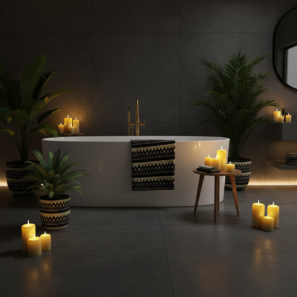 Stunning dark bathroom with black and yellow geometric towel on bathtub