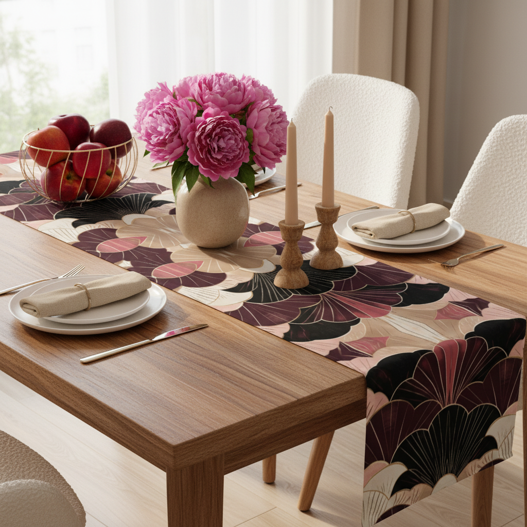 Stunning dining table with geometric runner, peonies and candles